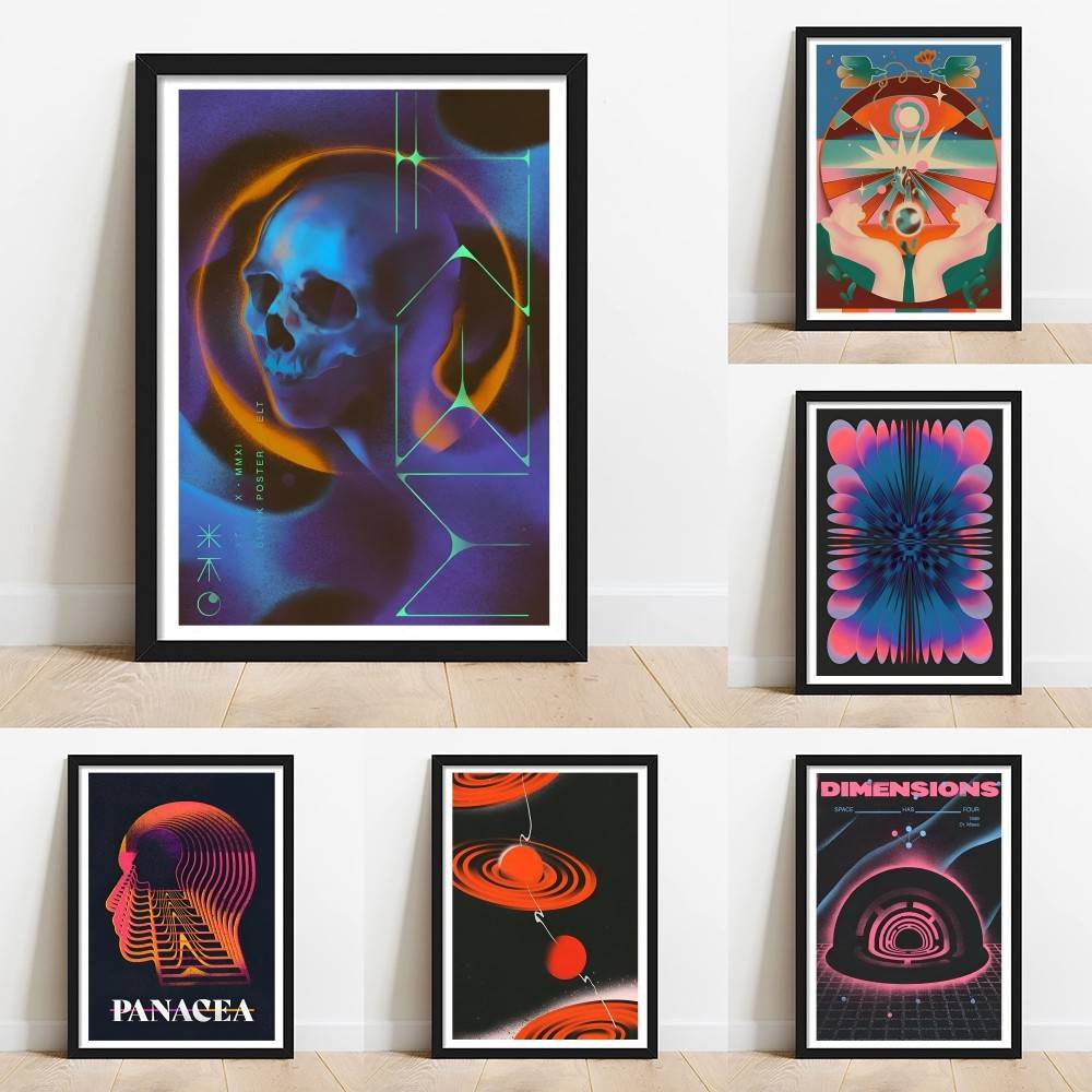 Retro Gaming Wallpaper - Psychedelic degrade kafatası uzay posteri Retro