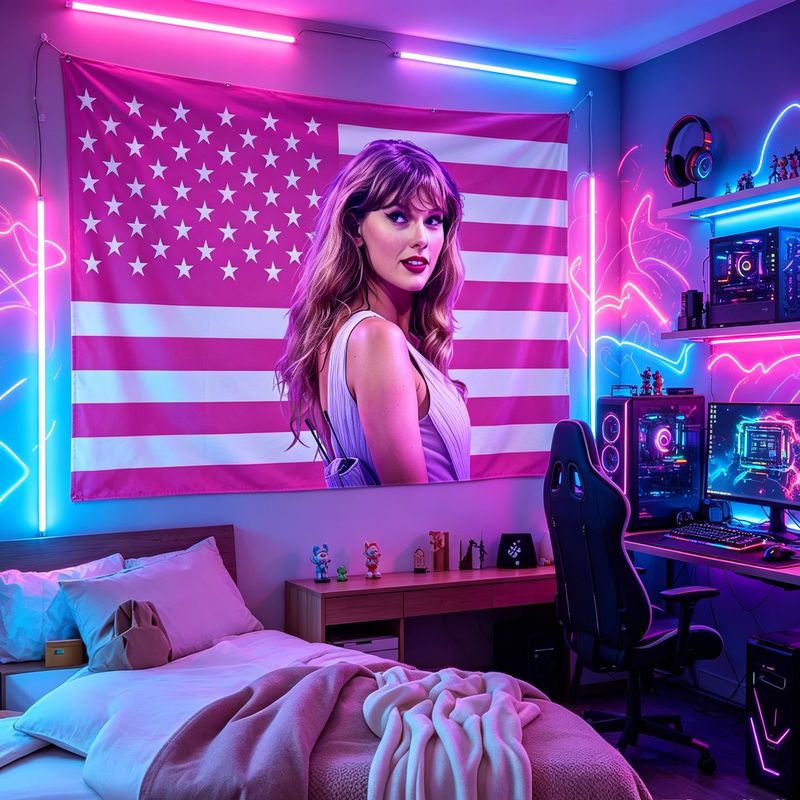Retro Gaming Aesthetic - VIKAMA Amerikan Bayrağı Kadın Şarkıcı Baskı